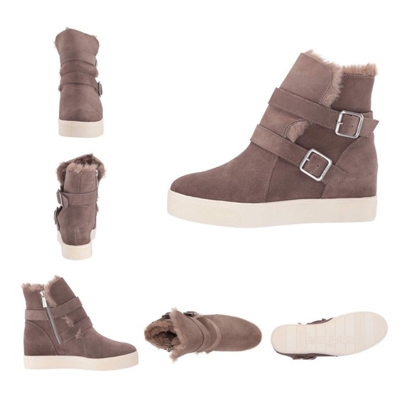 NWT J/SLIDES WELLS Taupe Suede Hidden Wedge Faux Fur Platform - Picture 7 of 16